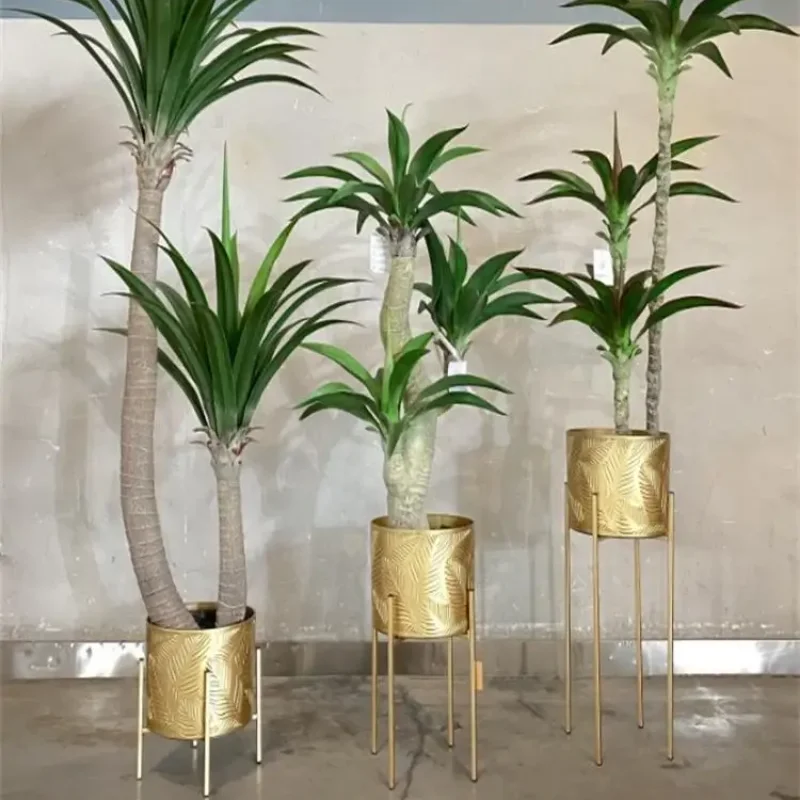 Modern Gold Iron Plant Rack Three-Piece Green Potted Flower Bucket Set Concave Pattern Design Round Flower Pot Holder