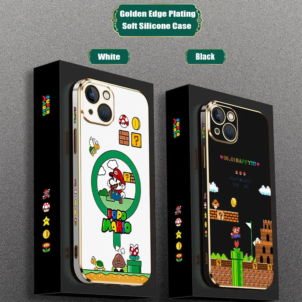 Cartoon S-Super M-Mario Bros Phone Case For Redmi NOTE 13 12 11 10 10T 10S 9 9S 9T 8 7 Case Luxury Golden Edge Plating Cover