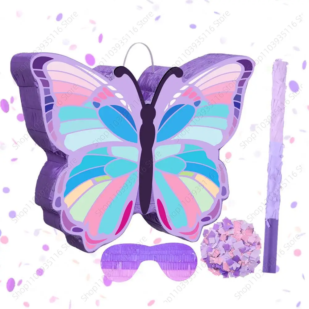 

Butterfly Pinata Kids Pull String Pinata with Stick Blindfold Confetti for Girls Interactive Birthday Party Supplies for Photo