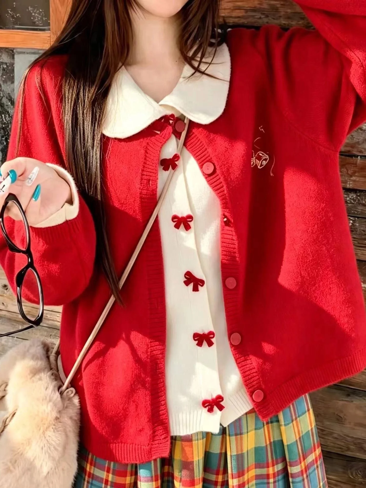 Red Knitted Sweater Coat Women's Autumn Winter Fashion Casual Style  Knot Short Top Fake Two-Piece Polyester Fiber