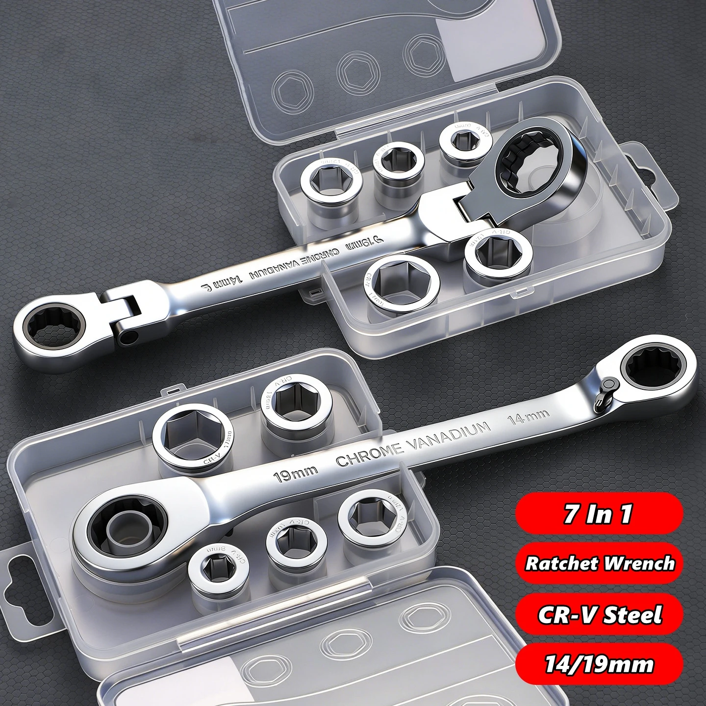 

Flex-Head Double Box End Ratcheting Wrench Set, 7-In-1 Metric Wrench Set, 8-17mm, 72 Tooth Gear, CR-V Steel, with Tool Organizer
