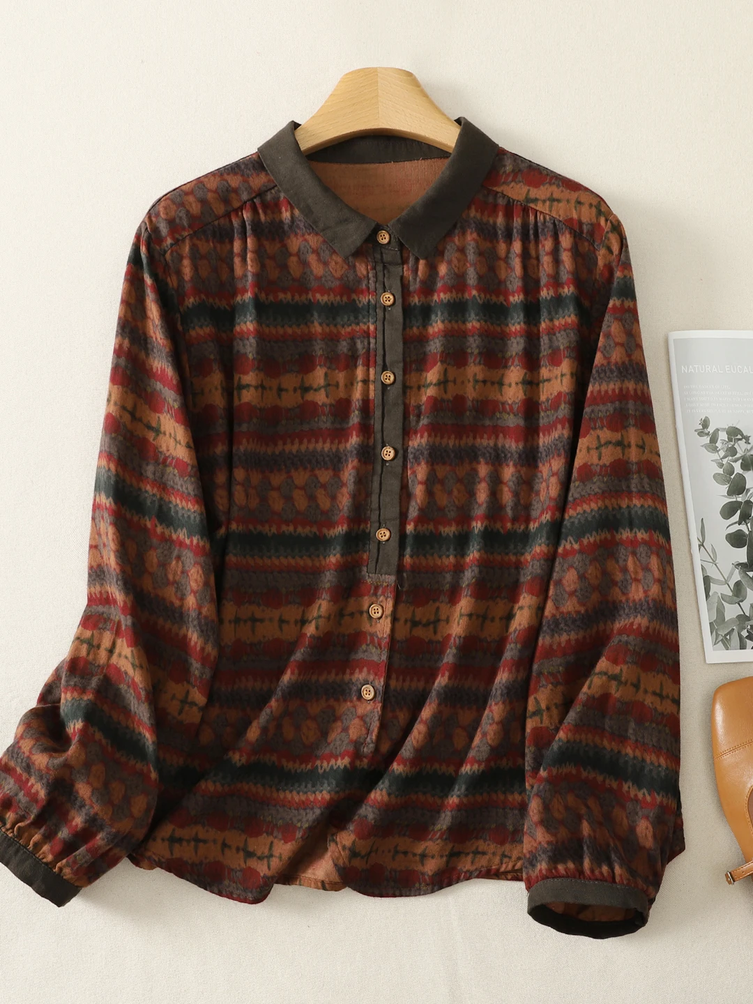 Artistic Vintage Striped Double Cotton Shirt Collar Open Cardigan Women's Casual Style Regular Sleeve Long Sleeve Printed