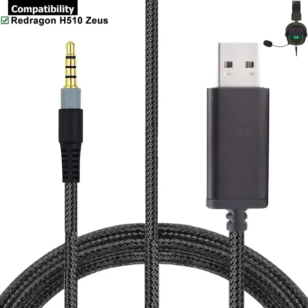 Cable de extensión de sonido envolvente USB A 7,1 de repuesto OFC trenzado de nailon para auriculares para juegos por cable Redragon H510 Zeus