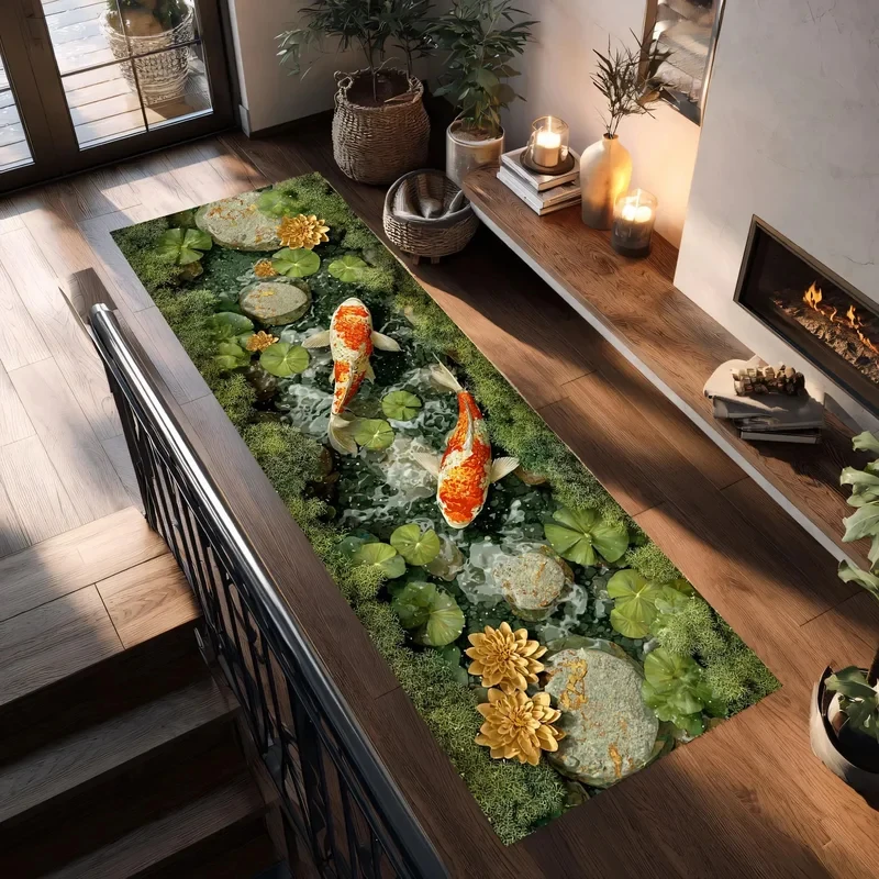 VIKAMA 3D Koi Fish Printed Non-slip Durable Rug, Long Runner Carpet For Hallway Entryway Living Room Indoor Decor