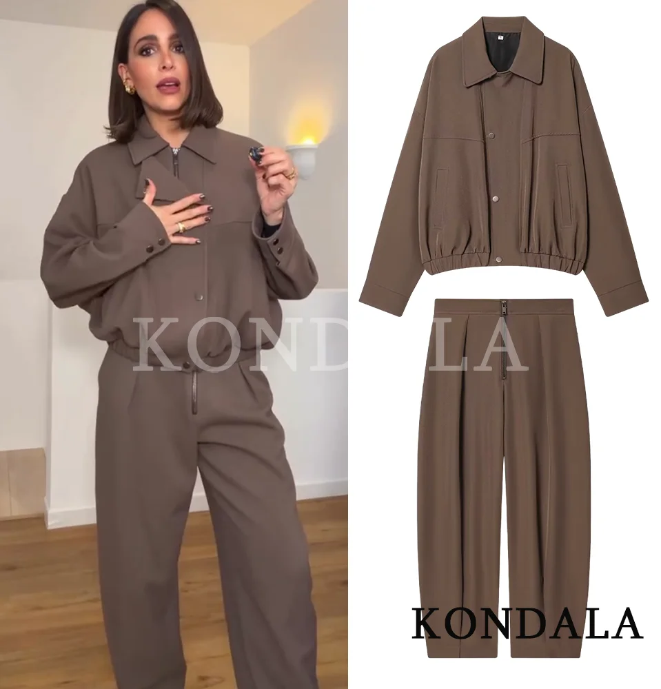 KONDALA Frauen Sportliche Trendy Hosen Set Reißverschluss Taschen Revers Jacke Lange Gerade Hosen Neue Mode 2026 Frühling Hosen Ausflug Set