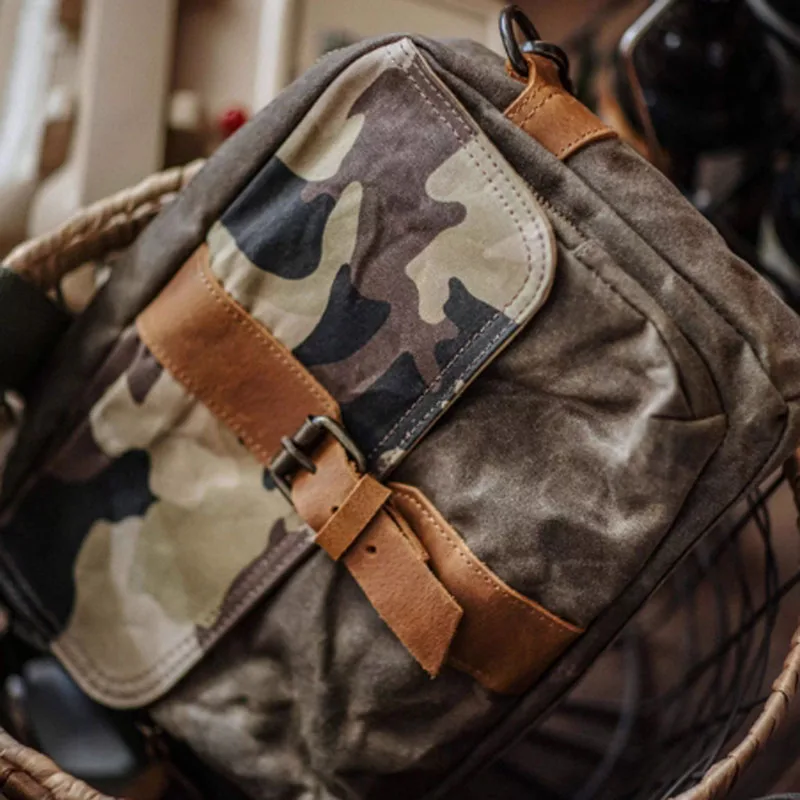 AETOO Japanese-style Amekaki camouflage canvas crossbody bag, retro crossbody bag, cowhide postman bag, casual single-shoulder b view 6