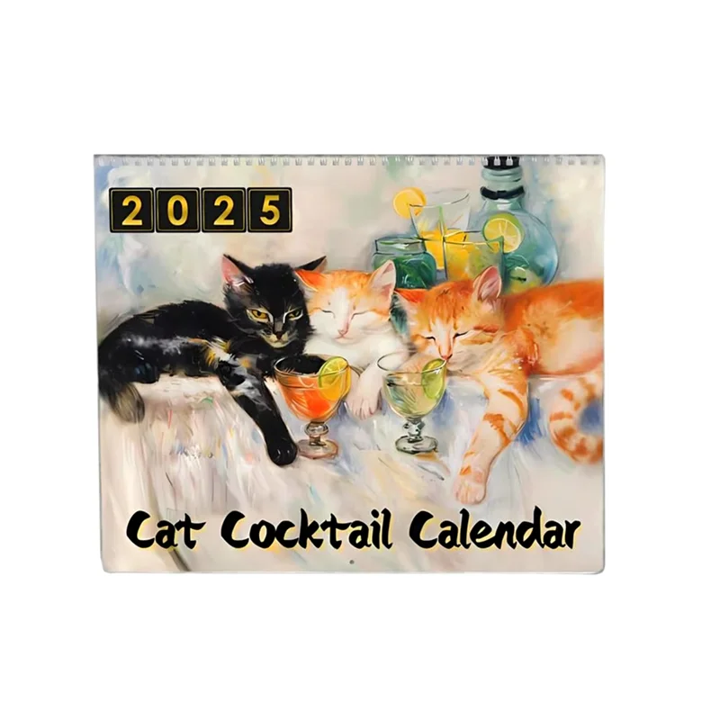Decorative Wall Calendar 2025 Cat Cocktails Pattern Desk Calendar Decorative Animal Calendar For Table Ornament