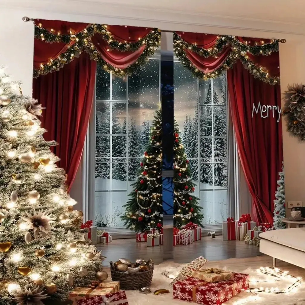 Festive Christmas Curtains: Vintage Style, Machine Washable, with Tassel Tiebacks - Perfect for Living Room And Bedroom Decor