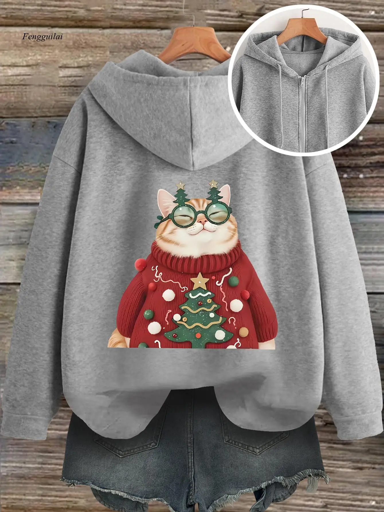 Felpa con cappuccio con zip e stampa natalizia |   Felpa casual a maniche lunghe con tasca per l'autunno e l'inverno