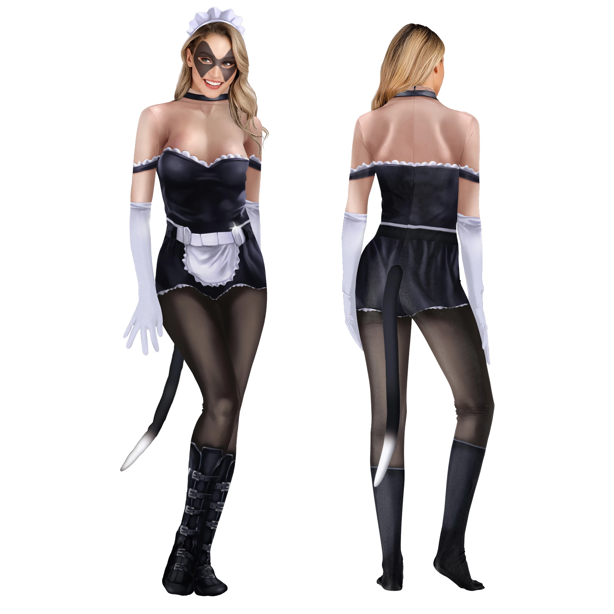 Zawaland Frauen Sexy Maid Uniform Drucken Cos Outfit Karneval Party Zentai Voller Bodysuit Cosplay Kostüm Catsuit Spandex mit Schwanz