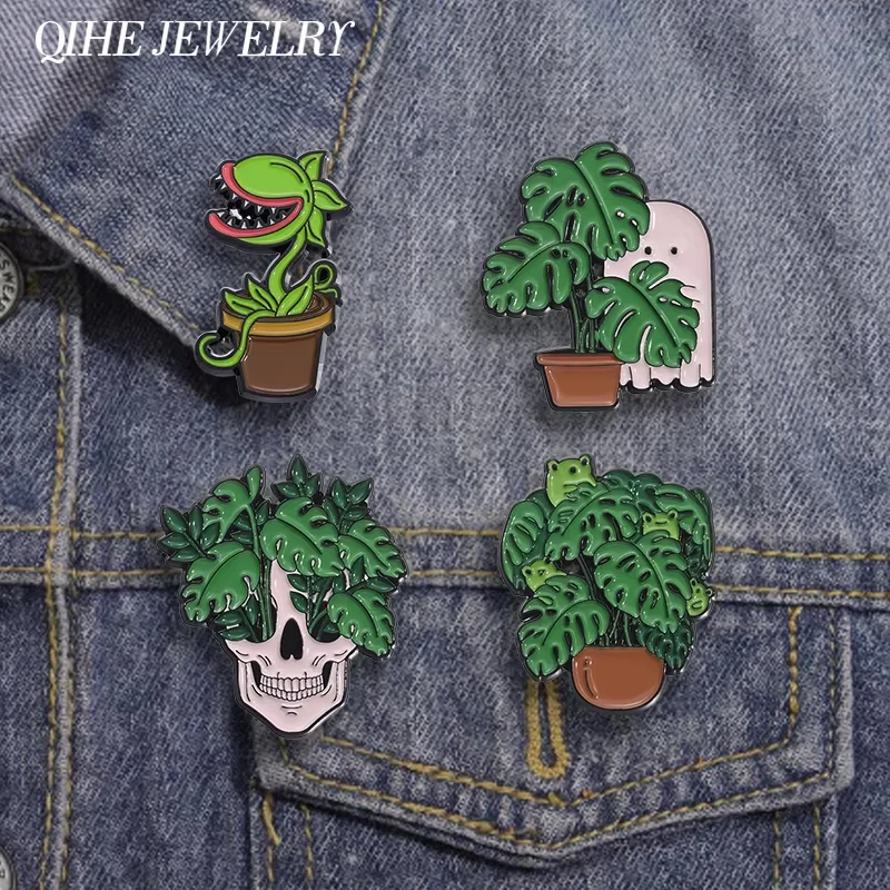 Gothic Skull Head Potted Plants Enamel Pins Punk Skeleton Ghost Frog Plants Brooches Collar Lapel Badge Jewelry Gift For Friends