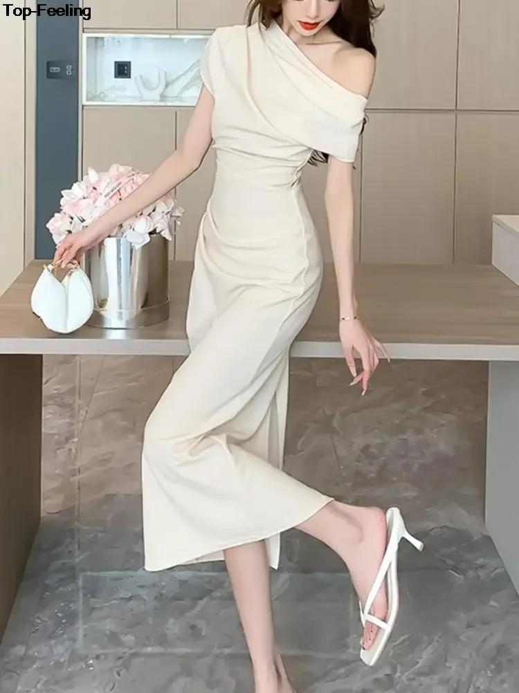 

Elegant Off Shoulder Evening Party Dresses Women Summer Fashion Slim One Piece Solid Vestidos Korean Graduation Robe Clothing