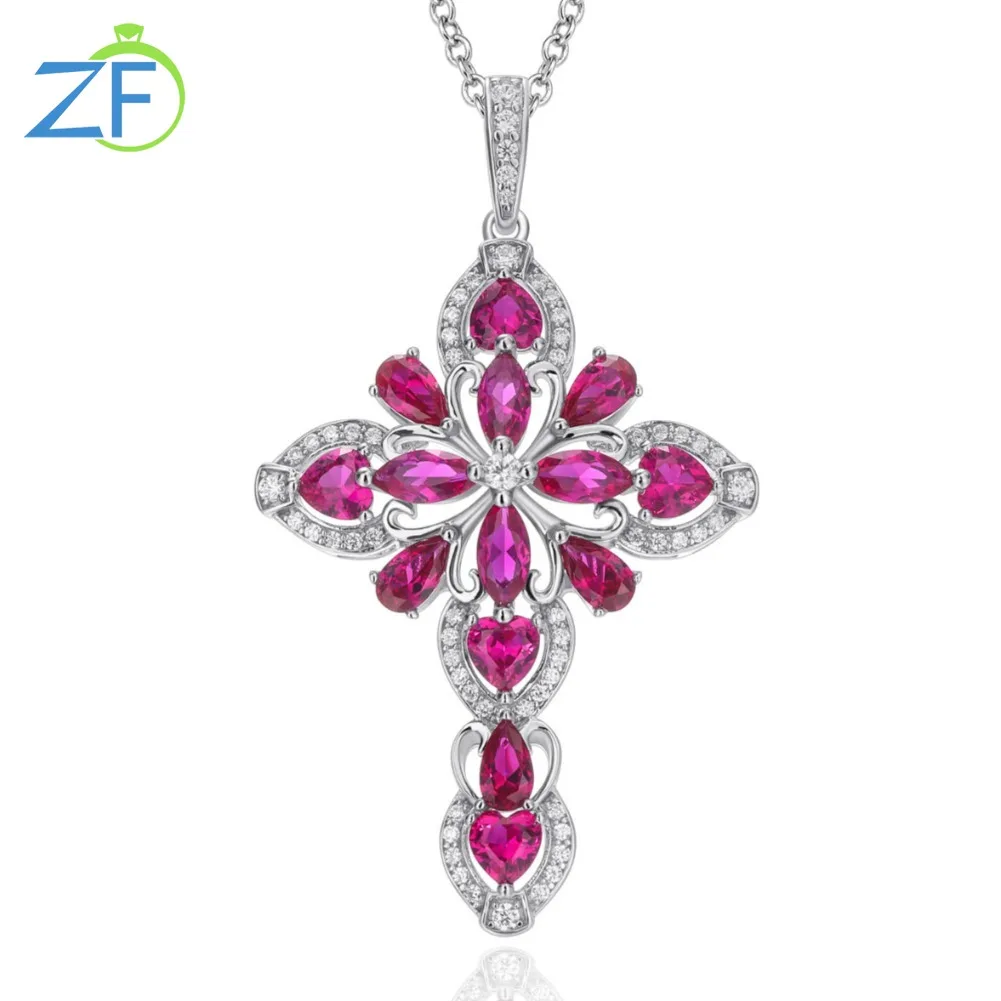 GZ ZONGFA Genuine 925 Sterling Silver Cross Pendant for Women  Created Ruby Big Cross Necklace Rhodium Plated Fine Jewelry