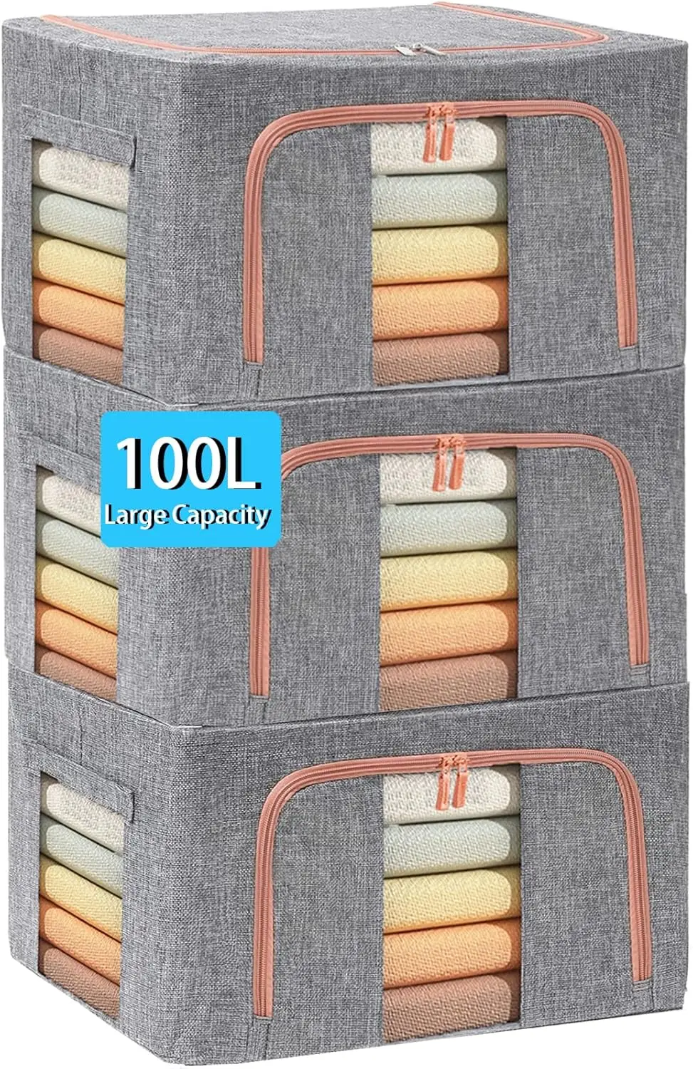 

Extra Large Clothes Storage Bins with Metal Frame, Foldable Organizer, 2-Way Zipper, Clear Window, 100L 3Pack