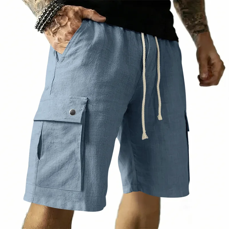 European and American Multi-Pocket Tooling Shorts Men's Summer Casual Men's Slim-Fitting Drawstring Thin Five-Point Shorts