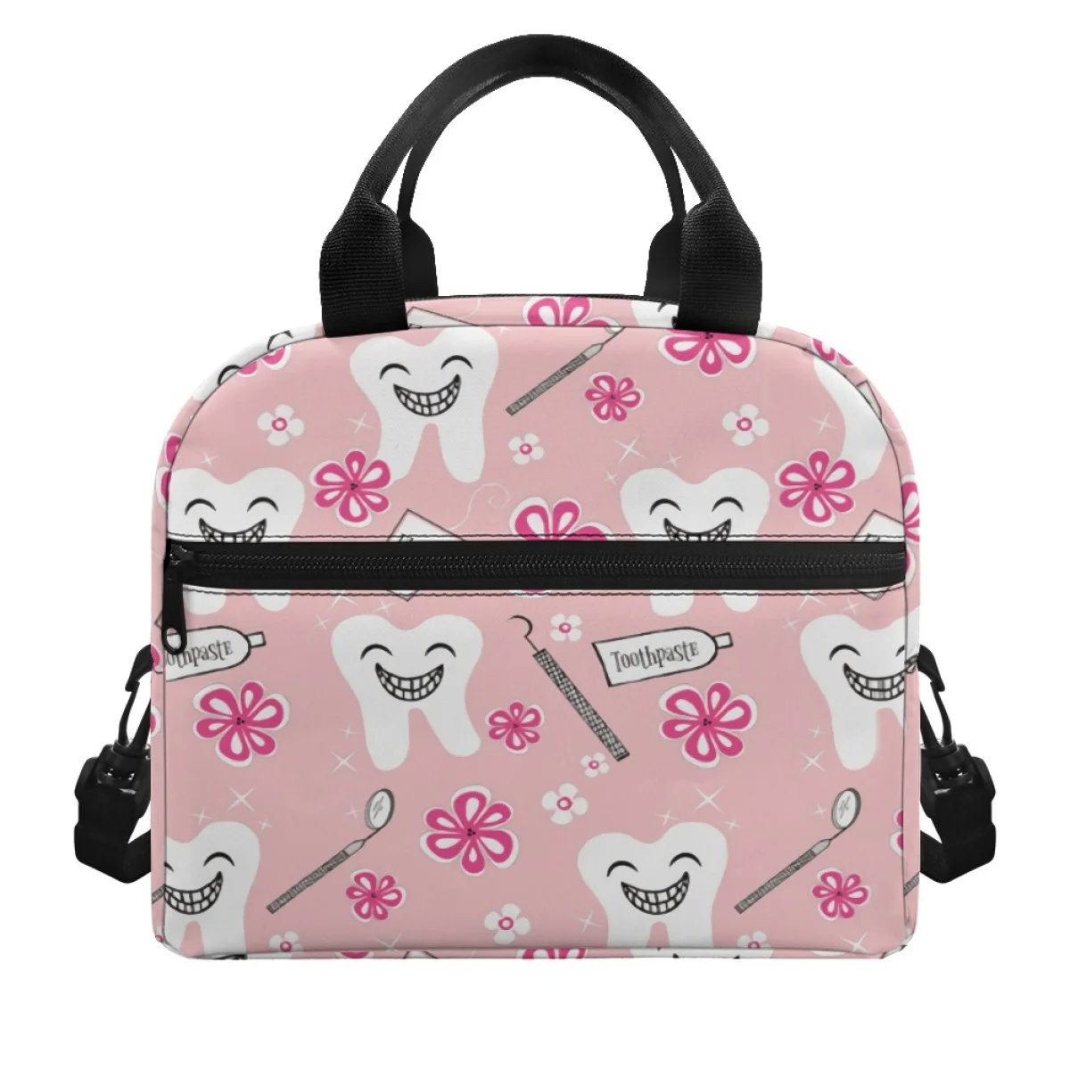 

Lovely Pink Flower Teeth Dentist Dental Pattern Woman Four Seasons Lunch Keeping Bag Travel Outdoor Multi Pockets Zippers Satche