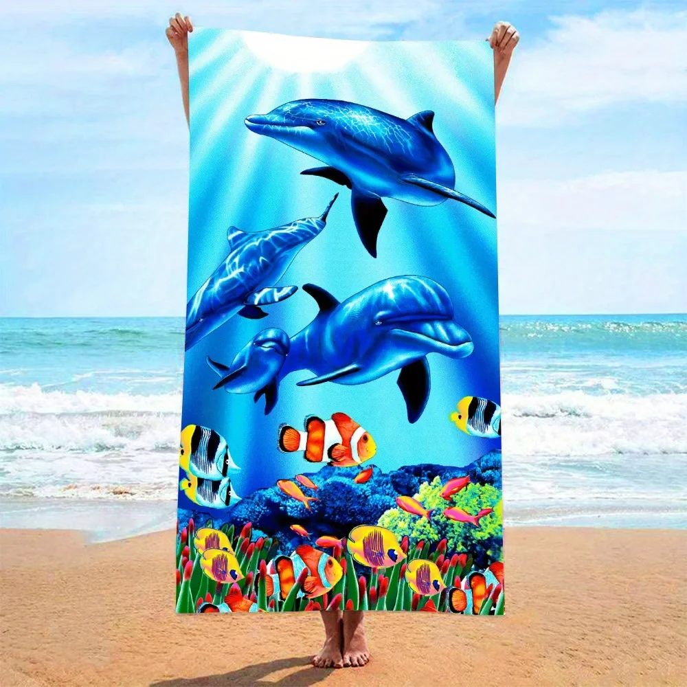 Microfiber Beach Towel Beach Towels Large Personalised Beach Towel Dolphin and Fish Pattern Sun Protection and Windproof