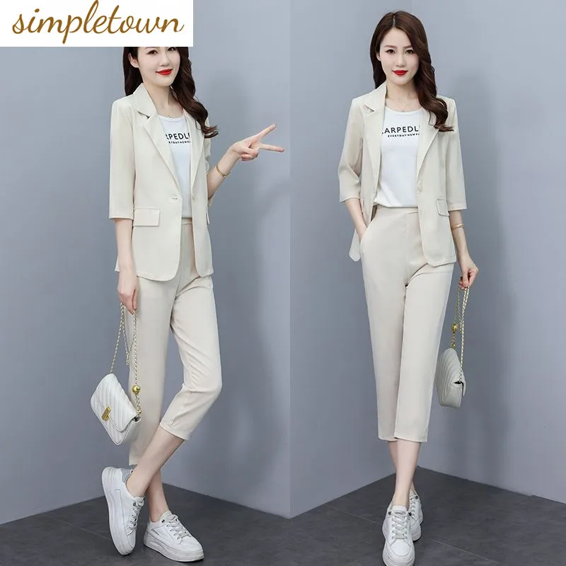 

Korean Style Thin Jacket Blazer Casual Pencil Pants Two-piece Elegant Women's Pants Set Summer Office Outfits Clothing