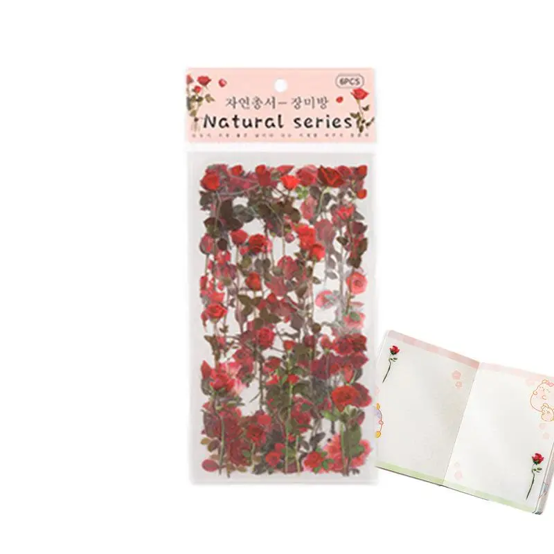 Flower Stickers For Crafts 6 Sheets Natural Decorative Retro Decals DIY PET Floral Stickers Waterproof Plant And Flower Stickers