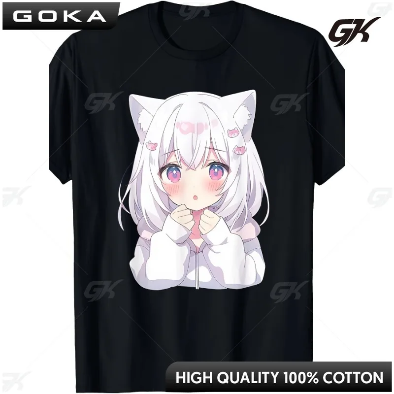 

Women's Anime Cat Ear Pattern Printed T-shirt Black Short Sleeve Round Neck Casual Pink Heart Shaped Fun Design Top ropa mujer