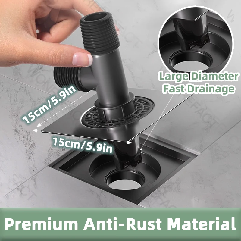 استنزاف أرضية الحمام مربع كبير مع تصريف أرضية الماسك الشعر الأساسية 304 الفولاذ المقاوم للصدأ ملحقات الحمام العالمية