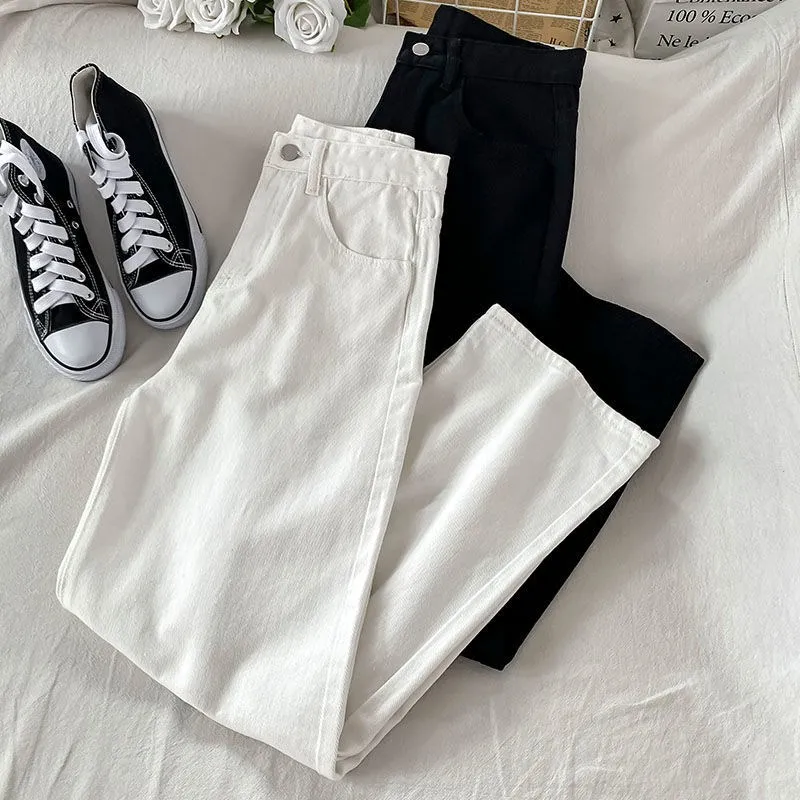 Jeans a taglio dritto a gamba larga a vita alta Primavera da donna Nuovo Sle dimagrante Versione coreana Pantaloni in denim bianco Pantaloni lunghi drappeggiati