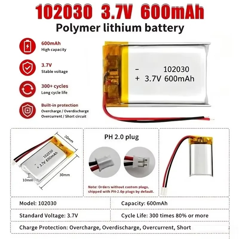3.7V 102030 Li-ion Lipo Battery 600mAh Lithium Rechargeable Polymer for Steriliser Bluetooth Audio Toys Selfie Stick