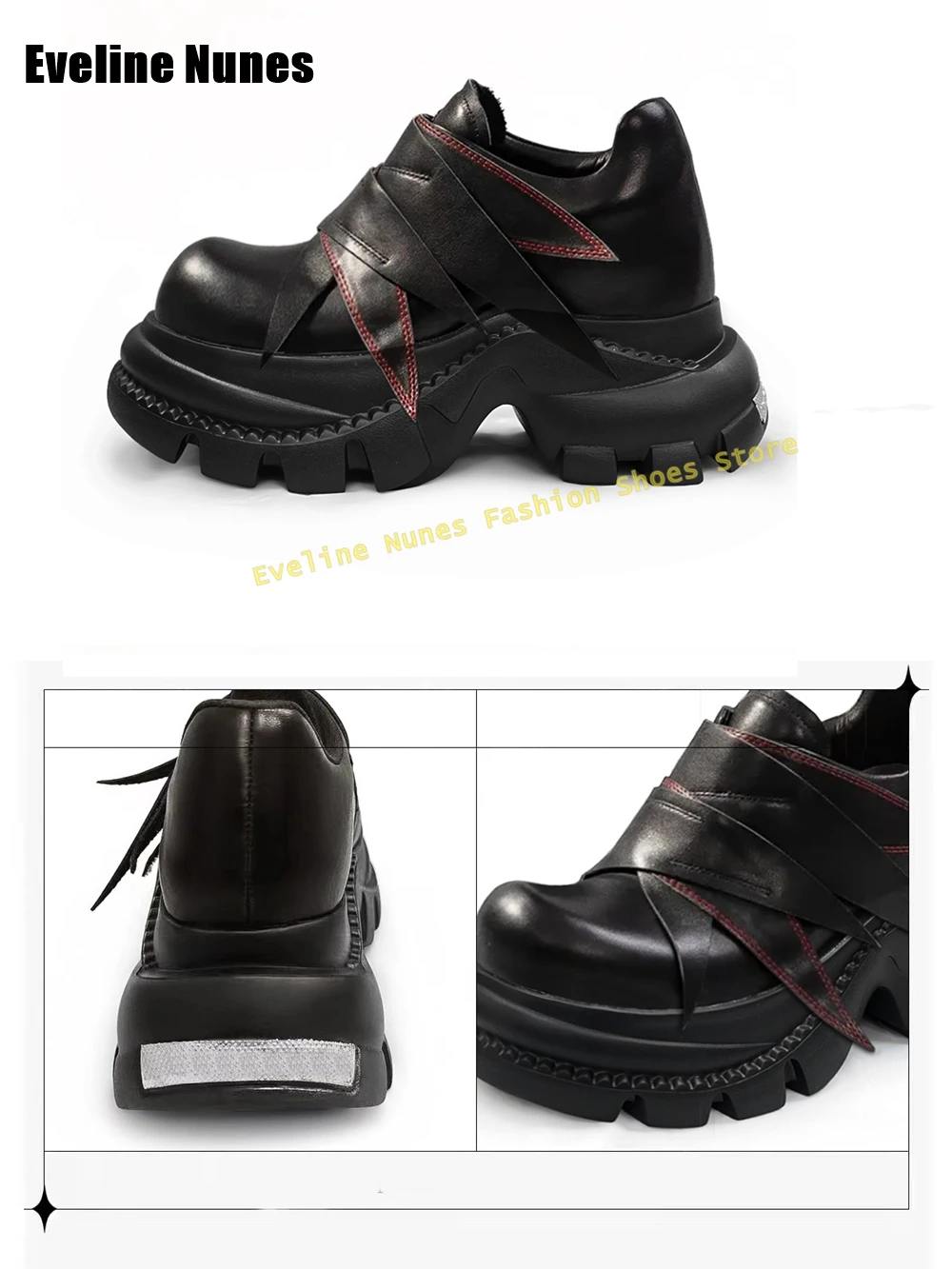Black Leather Punk Platform Ankle Boots Couple Shoes 2025 Spring New Style Thick Sole Height Increasing Patchwork Pumps Retro