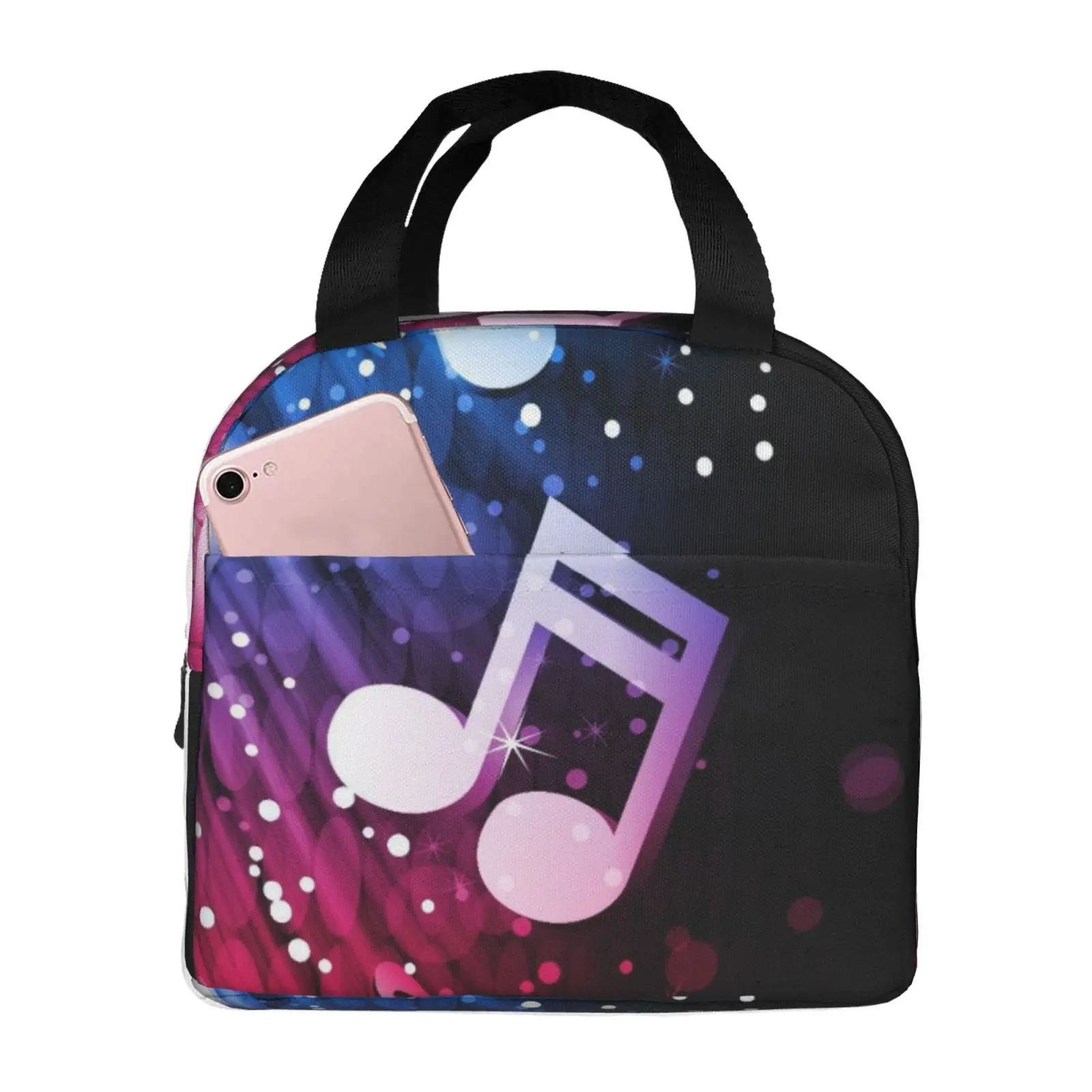 Funny Musical Note Personality Pattern Printed Lunch Bag Portable Reusable Thermal Oxford Tote Bag for Work School Travel