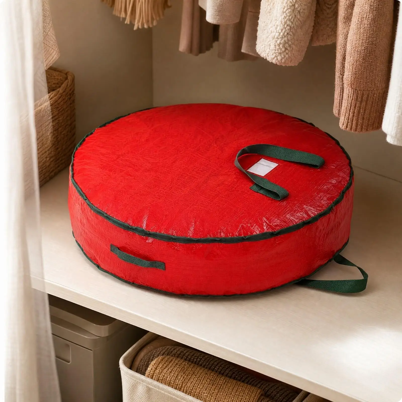 Round Zippered Wreath Storage Bag with Carry Handles for Seasonal Items and Household Organization