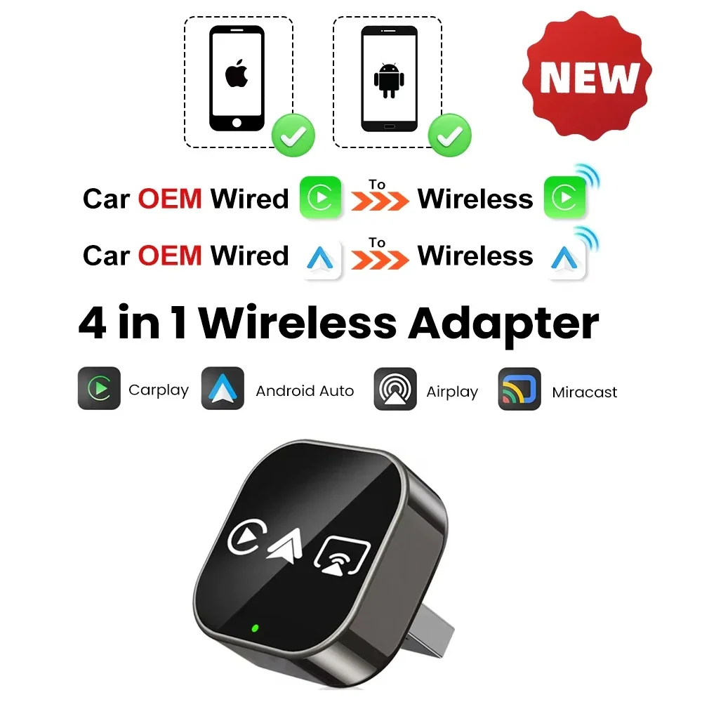 2026 Upgrade 4-in-1 Bedrade naar draadloze CarPlay Android Auto AirPlay Mirror Link Stabiele Bluetooth Adapter voor Audi Benz Toyota VW