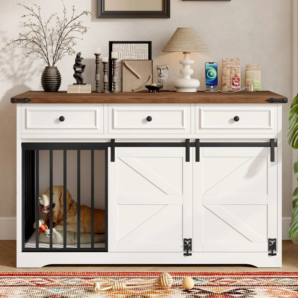 

55.1" Furniture Style Dog Crate Furniture, Indoor Dog Kennel with 3 Storage Drawers, Farmhouse Dog Crate with Side Door and Slid
