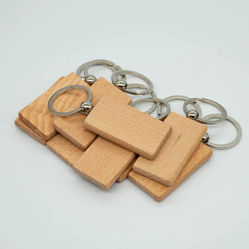 Porte-clés rectangulaire en bois non fini avec porte-clés, gravure sur bois, artisanat de bricolage, 1.2 po, 10 pièces, 20 pièces