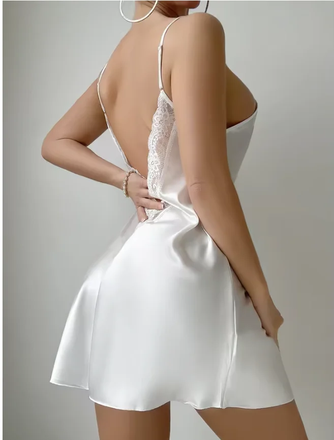 Sexy Female Lingerie Nightgown Patchwork Lace Backless Spaghetti Strap Nightdress Sleepwear Silky Satin Lounge Wear Home Dress view 4