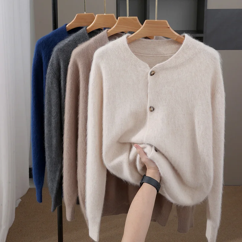 Men O-neck Cashmere Cardigan 100% Mink Cashmere Knit Shirt Solid Basic Smart Casual Sweater Autumn Winter Thick Soft Comfy Tops