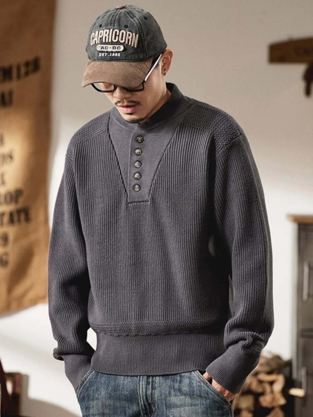 

American Retro Thiened Heavyweight Henry Collar Sweater Men's Spring Loose Tank Glove Head Warm Knitted Wear Winter Casual