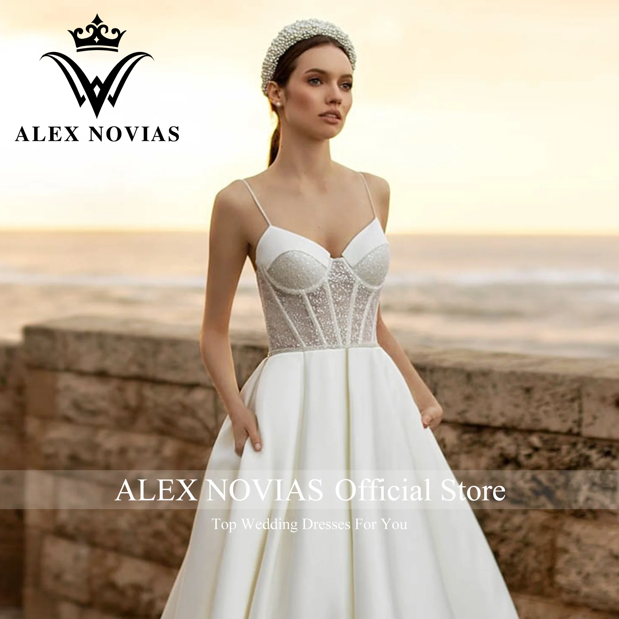 ALEX NOVIAS-vestido De novia De satén con bolsillos, traje brillante con tirantes finos, escote Corazón, 2023