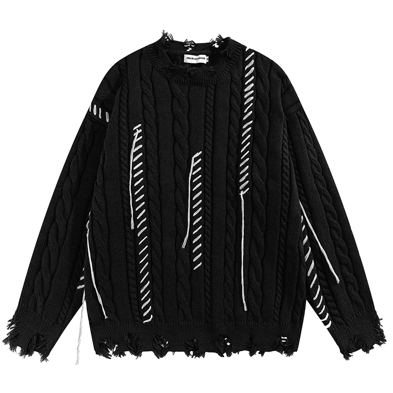 سترات خريفية محبوكة للرجال بلوفرات ممزقة دافئة عتيقة 2025 ملابس الشارع الشهير Harajuku ملابس تريكو فضفاضة غير رسمية