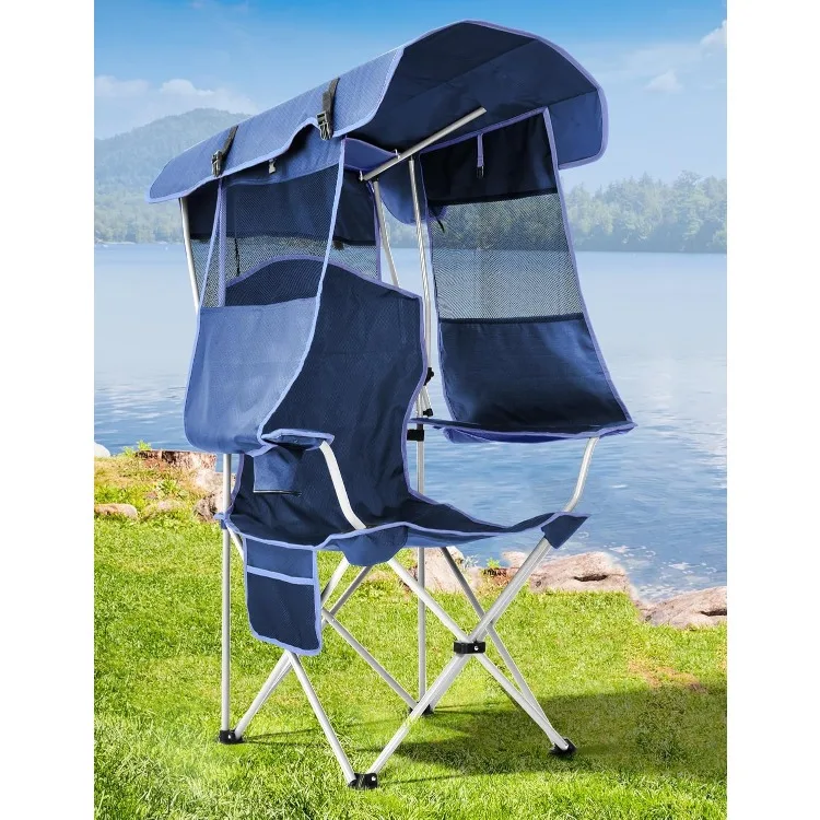 Silla de playa con toldo de sombra, silla de Camping plegable con toldo con portavasos, bolsillo lateral para campamento, playa, puertas traseras