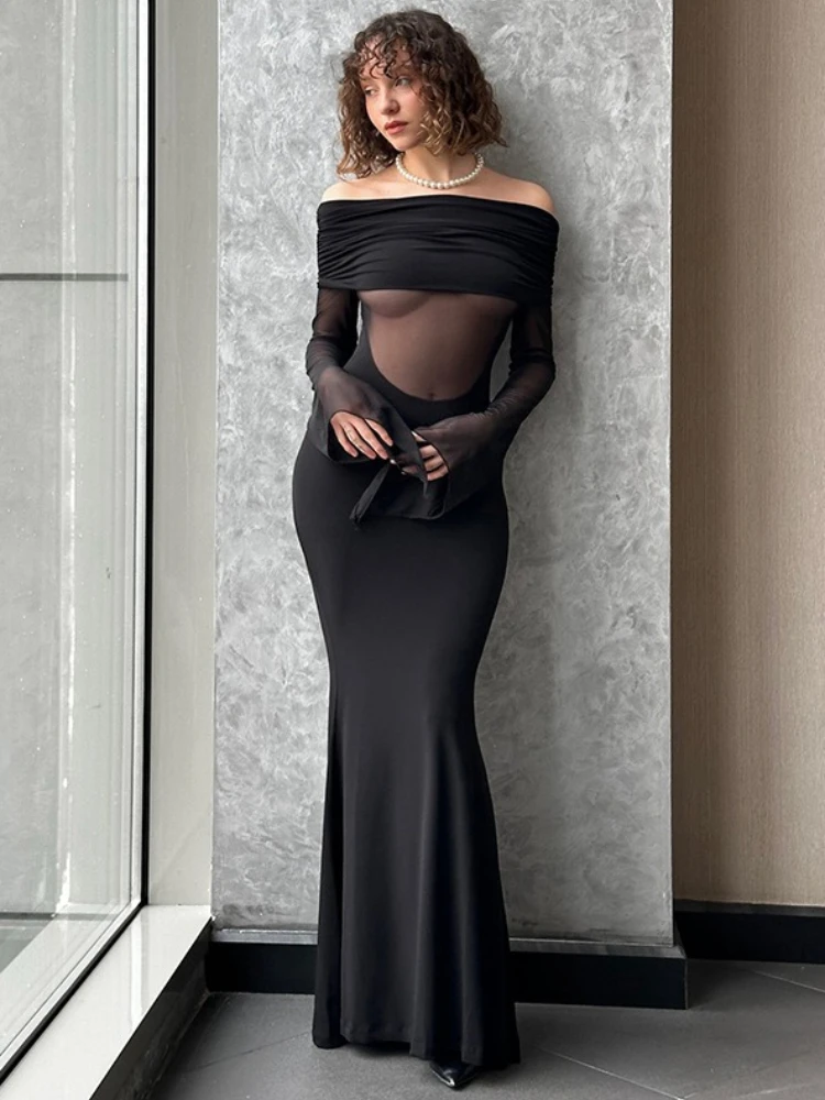 Tossy Sexy Off-Shoulder Sheer Long Dress For Women Slim See-Through Inclined Shoulder Solid High-Waist Female Mermaid Maxi Dress