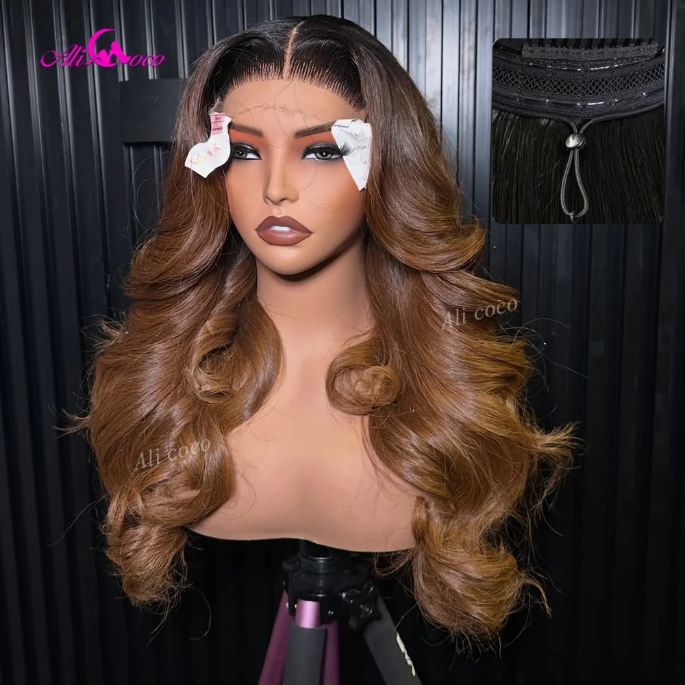 Glueless Wear Go Ombre Brown Black Root 180 Density Human Hair Wig Closure Lace Front Drawstring Body Wave Invisible New Upgrad