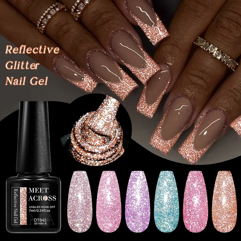 MEET ACROSS 7ML Reflective Glitter Gel Nail Polish Flashy Effect Semi-permanent Soak Off UV Gel Nail Art Varnish For Manicure