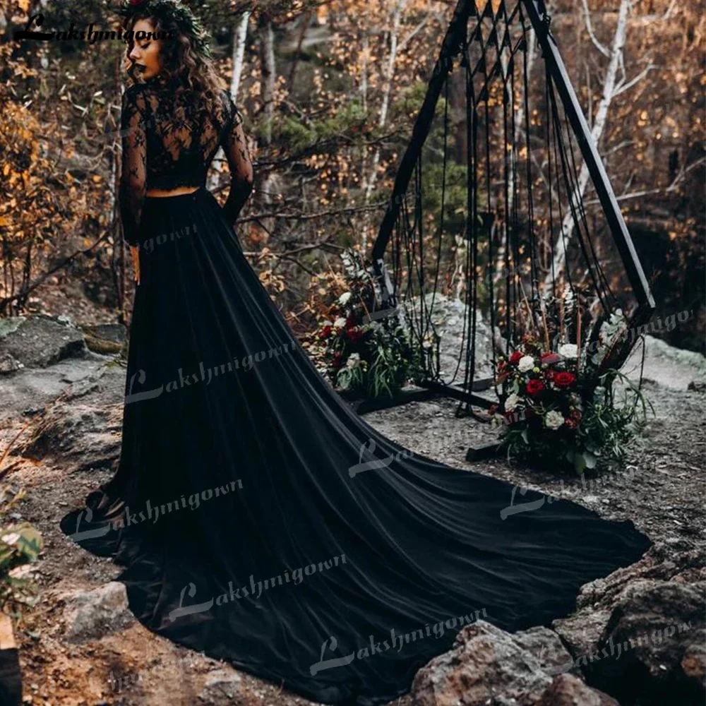 Black Chiffon  Wedding Dress 2025 New Train A-line Lace O-Neck Elgant Wedding Party Boho Bridal Gown Robe de mariee