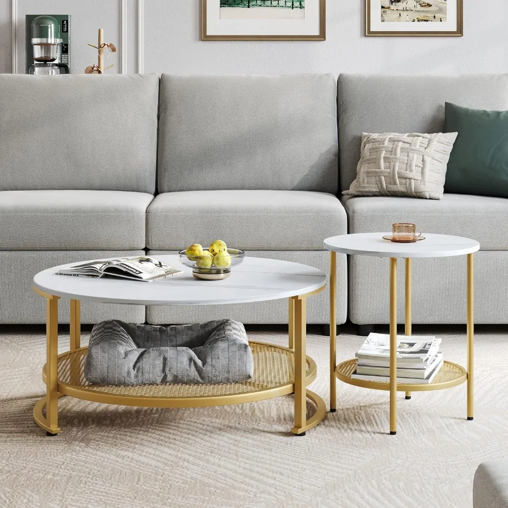 Modern Coffee Table With Open Storage Mesa Lateral Home Round Coffee Table Set of 2 for Living Room White and Gold Freight Free