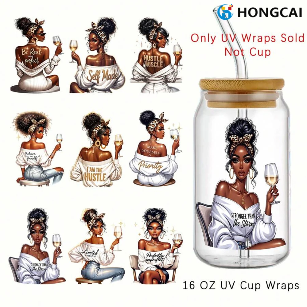 

9 шт. черных УФ-наклеек DTF для девочек - водонепроницаемые и устойчивые к царапинам, высококачественные самоклеящиеся наклейки.