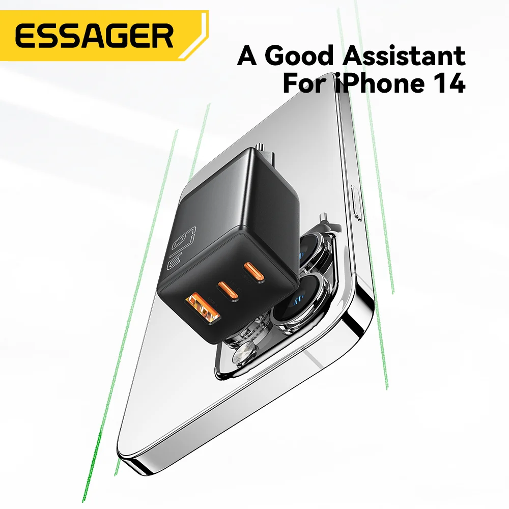 Essager 65W GaN USB C 충전기 PD QC 4.0 3.0 C타입 급속 충전, 삼성 아이폰 1514 13 프로 폰 맥북 노트북 고속 충전기