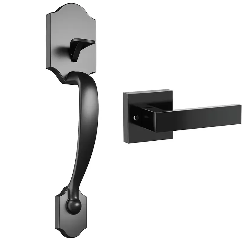 Matte Black Zinc Alloy Front Door Handle Set with Flippable Inner Tie Rod for Residential Security Entrance Heavy Duty Lock