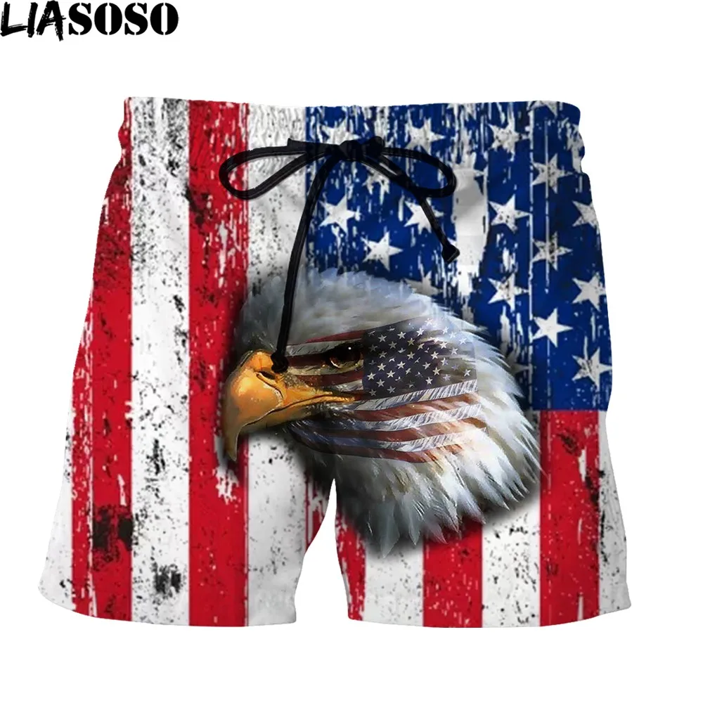 LIASOSO 3D Print Summer Men's Beach Shorts American Flag Eagle Head Surf Swimming Sports Jogging Trend Personality Street Shorts