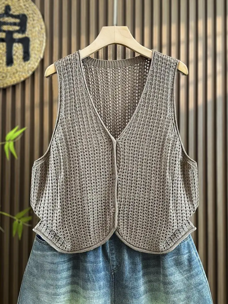 

Модный вязаный ажурный жилет, женский свободный топ большого размера, тонкая женская одежда на весну и осень