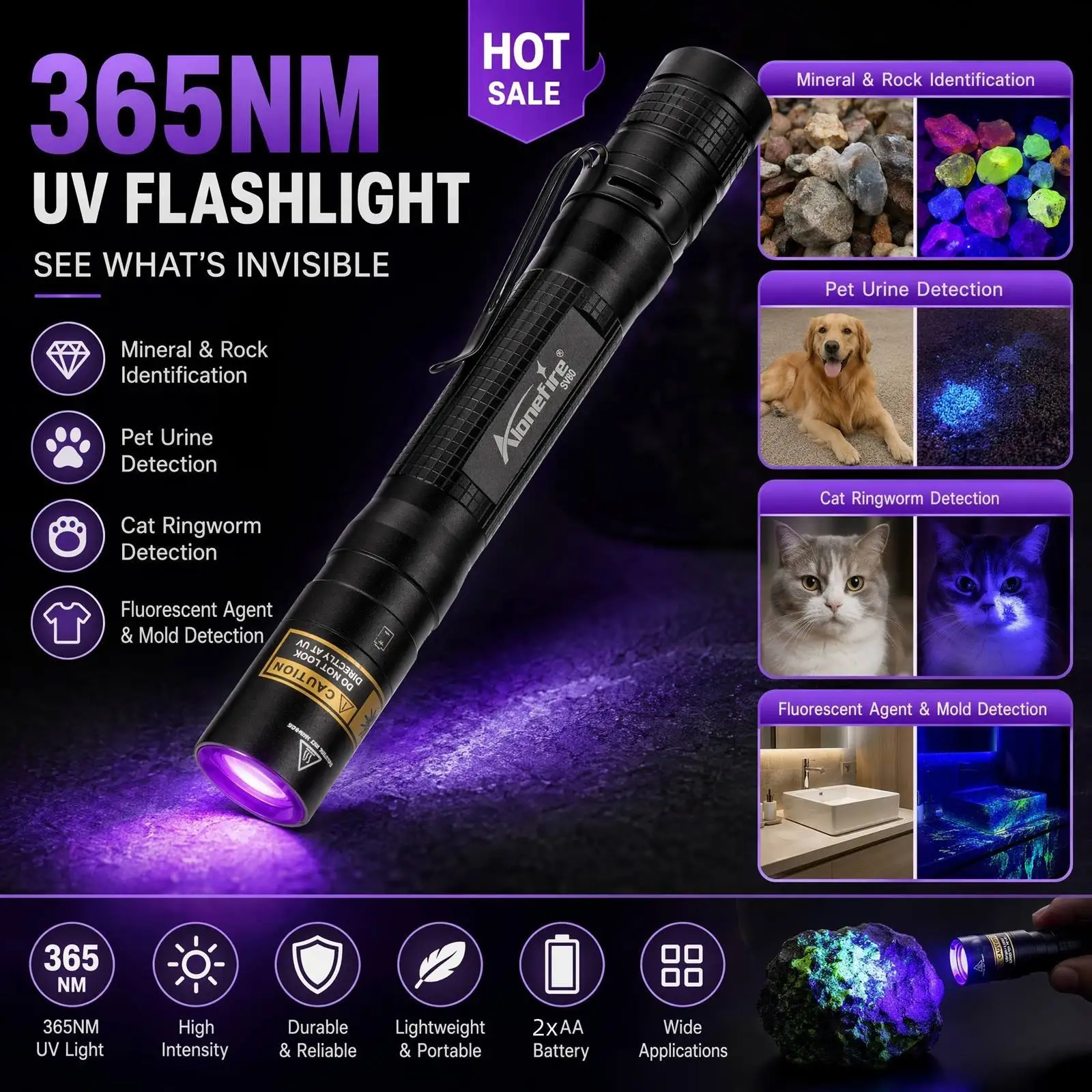 Mini UV Pen Light 365nm/395nm Led Flashlight Blacklight Torch Cat Dog Pet Urine Tinea Ink Money Ore Jade Scorpion Detection Lamp